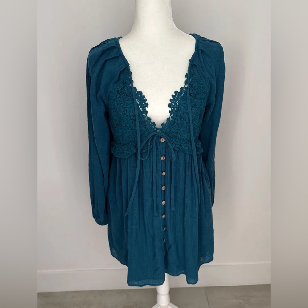 Free People Summer Struttin Puff Long Sleeve Mini Dress Dark Teal - Picture 8 of 9